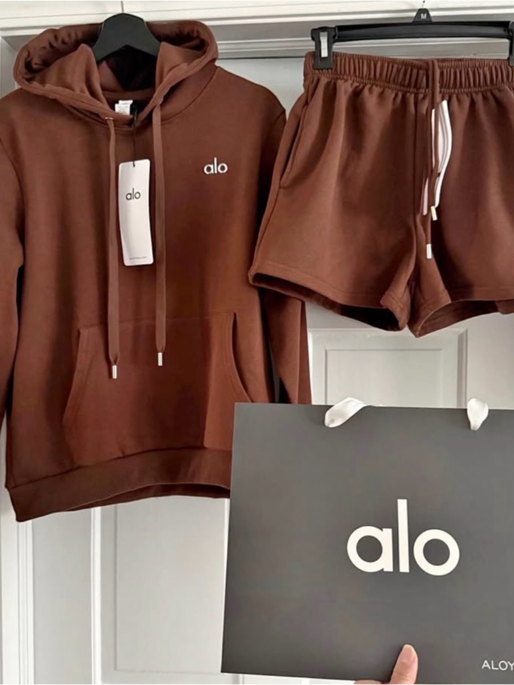 ALO Yoga Brown Pullover Hoodie and Short Set SMALL